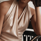 The BACKLESS HALTER, 100% Sueded Silk | July 5 2026